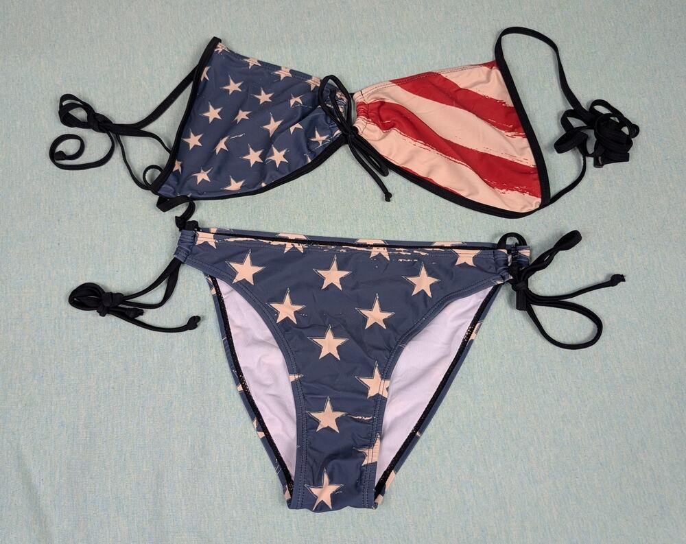 SMALL Patriotic Stars & Stripes 2pc Bikini Set Red Off White Blue Padded USA